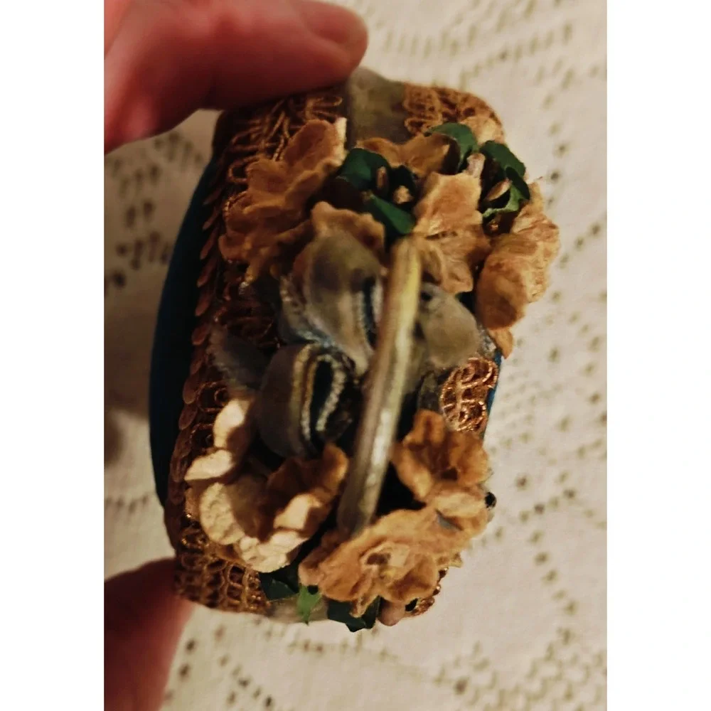 Vintage Blue  Pincushion With Gold Trim & Flowers